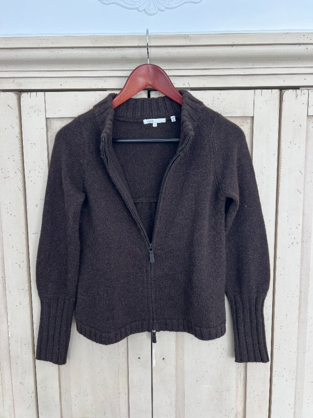 Vince Cashmere Alpaca Wool Blend Zip Front Cardigan Chocolate Brown Mock Neck XS